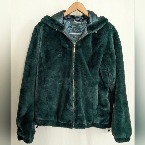 JOUJOU Women's Faux Fur Bomber Hoodie Jacket Emerald Green Small - Picture 1 of 9